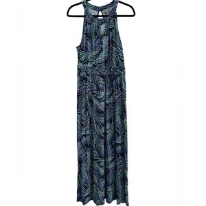 Berkley Jensen Braided Blue Palm Print Halter Maxi Dress Sz Large